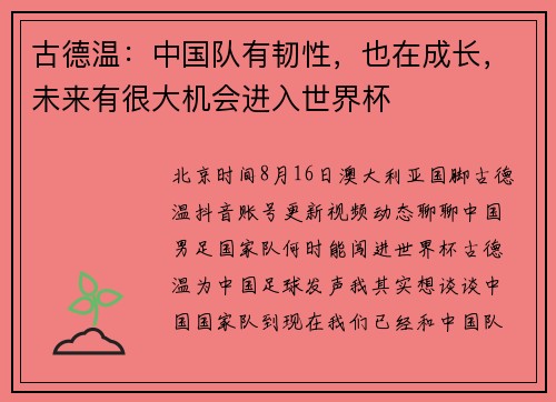 古德温：中国队有韧性，也在成长，未来有很大机会进入世界杯
